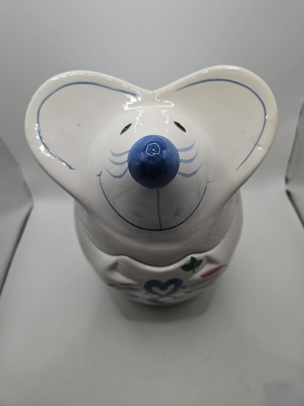 GKRO 10" Mouse Cookie Jar White Blue Bow Ribbon Country Vintage Ceramic